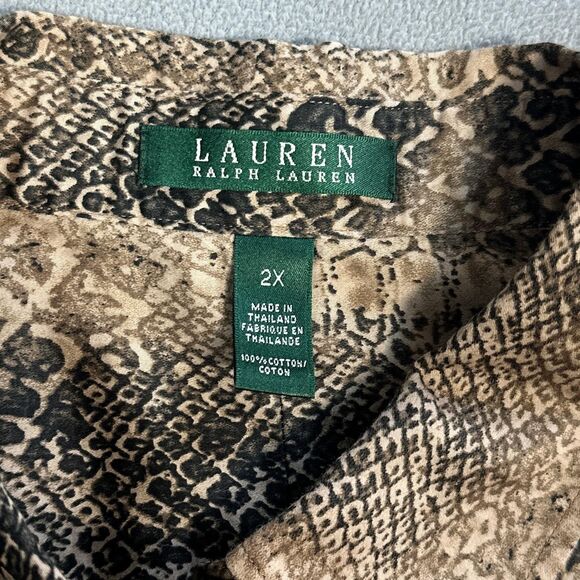 Lauren Ralph Lauren Shirt Womens 2X Brown Black Snake Print Button Up Cotton Top - Picture 3 of 10